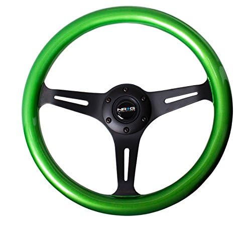 NRG Innovations Steering Wheel NRG-ST-015BK-GN - 350mm 25mm Deep Configuration, Classic Wood Grain Wheel, 3 Black Spokes, Green Pearl/Flake Paint