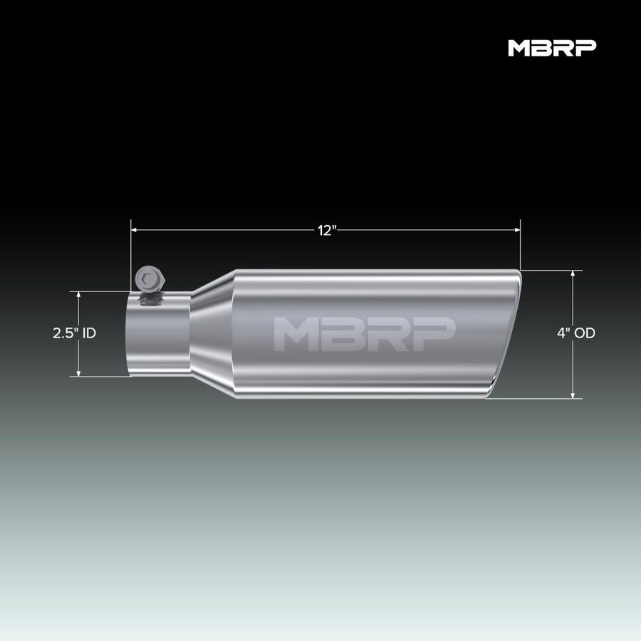 MBRP 4" O.D. T5150 2.5" Inlet 12" Length T304 Stainless Steel Angled Cut Rolled End Clampless Exhaust Tip