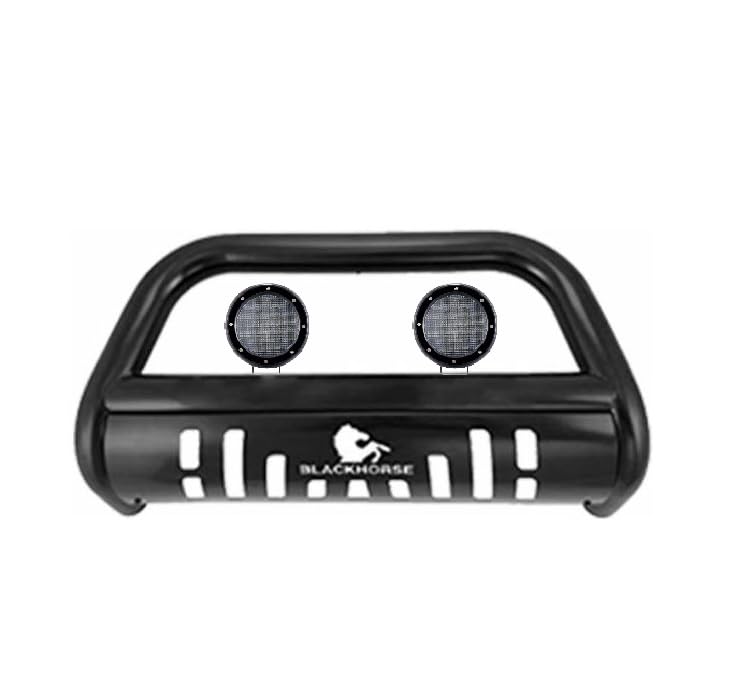 Bull Bar Kit Black Horse Skid Plate Black Come with Pair of 5.3" Dia. LED Flood Lights Compatible with 17-24 Ford F-250 /F-350/F-450/F-550 Super Duty-BB045215A-SP-PLFB
