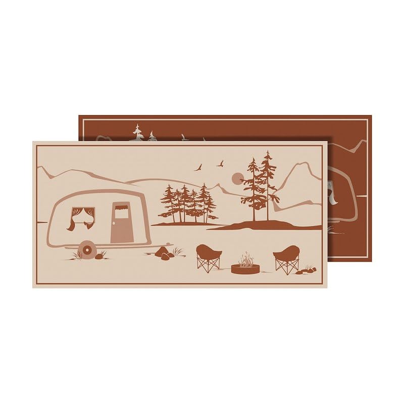 Faulkner 53005S Patio Mat, Home is Where You Park It Design, 9 Foot Length x 18 Foot Width, Beige, Polypropylene, Reversible Fabric, Without Grommets, with Storage Bag/Corner Tie-Downs