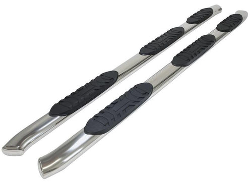 Ram 1500 Crew Cab Truck Running Boards Fits 6.5 Foot Bed 2011-2018 Oval 5 Inch Wheel-to-Wheel Nerf Bars with Step Pads and Bed Step Polished Marine-Grade Stainless Steel TrailFX A7058S