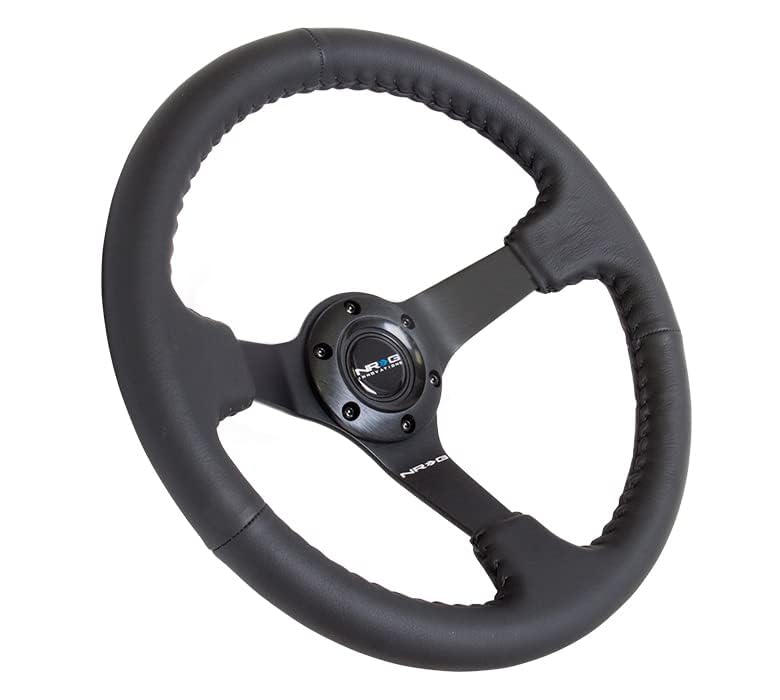 NRG Innovations Reinforced Steering Wheel- RACE STYLE NRG-RST-036MB-R 350mm Sport Steering Wheel (3' Deep) Black Leather With Black Baseball Stitching - Matte Black Spoke