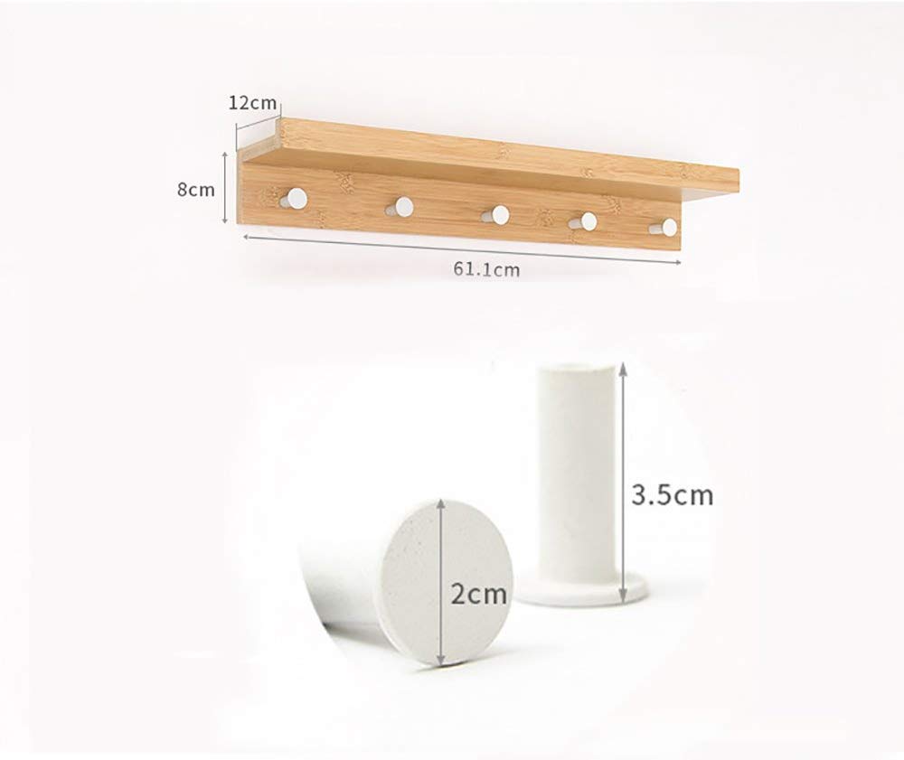 YIMJ Wall Shelf Coat Rack Bamboo Wooden Hook Rack With 5 Alloy Hooks And Upper Shelf For Storage For The Entrance Hallway Bathroom Living Room Bedroom Kitchen, White