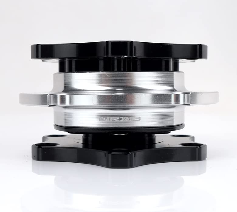 NRG Innovations SFI 42.1 Spec D shaped NRG-SRK-R200BK-SL Steering Wheel Quick Release Short Hub Adapter, 6x70mm Bolt Pattern Black Shinny Body/Silver Shinny Ring