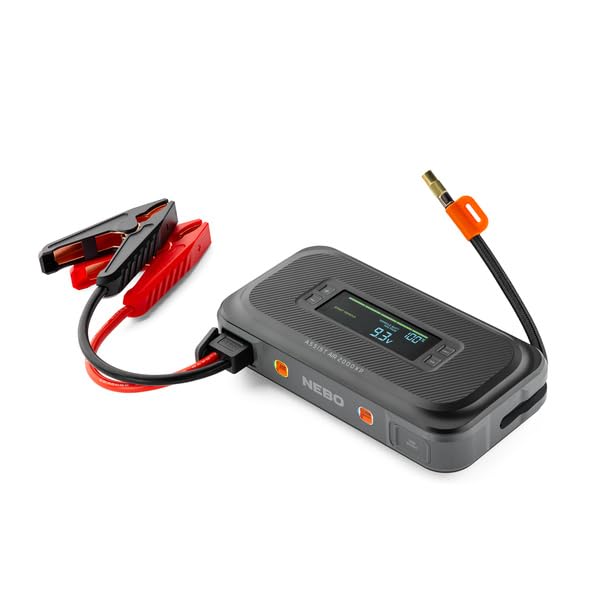 NEBO Air Assist 2000XP Jump Starter and Compressor | 55.5Wh Power Supply Box Restarts 12V Battery Vehicles, 150 PSI Inflates Tires, Integrated Floodlight, USB Ports, TSA Approved