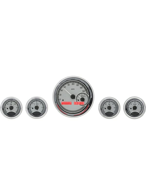 Digital Dakota VHX-1022-S-R Universal Five Round Analog Dash Gauge Instrument System, Silver Alloy Style, Red Backlighting