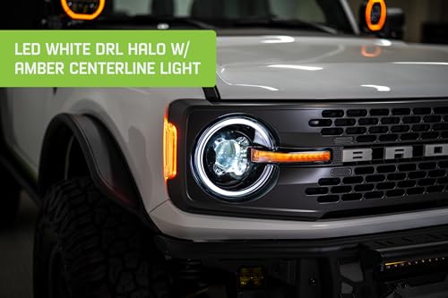 Black DV8 Offroad Headlights for 2021-2025 Ford Bronco | LED White DRL Halo w/Amber Centerline Light | 6500K Color Temp | 3650 Low Beam Lumens | 4700 High Beam Lumens | 90W LED System per Unit | Pair