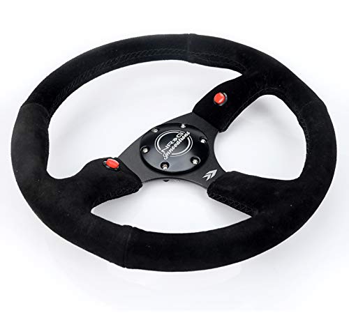 NRG Innovations Reinforced NRG-RST-023D-S Steering Wheel - 350mm Sport Suede Racing (2.5" Deep) Comfort Grip, 4mm Matte Black Spoke with Suede Finish and Dual Button