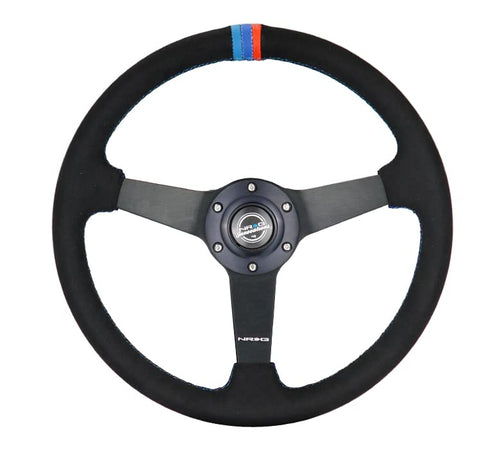 NRG Innovations 350mm NRG-RST-037MB-SA-M3 Sport Steering Wheel (1.5' Deep) Black Perforated Leather with M3 Stitching - Matte Black Solid Spokes with Minty Fresh Miata Logo Etched