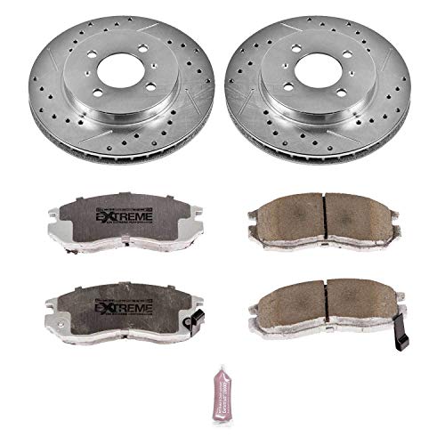 Power Stop K1214-26 Z26 Carbon Fiber Brake Pads Front with Drilled & Slotted Brake Rotors Kit For Mitsubishi Mirage 1998-2002 [Model Specific]