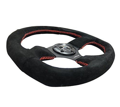 NRG Innovations Reinforced Steering Wheel NRG-RST-009S-RS Suede Leather Steering Wheel With/RED Stitch D-Shape Flat Bottom 320MM / 330MM