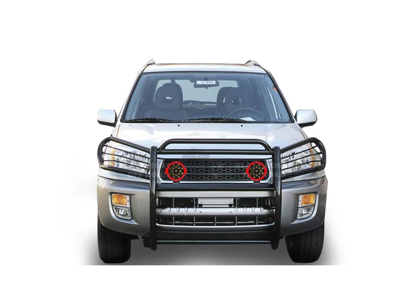 Bumper Guard Modular Black Black Horse Grille brush Come With pair of 7.0"Dia.LED Lights with Red Trim Rings Compatible with 2001-2005 Toyota RAV4-17TH26MA-PLR