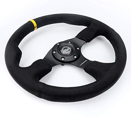 NRG Innovations Reinforced NRG-RST-012SA-Y Steering Wheel - Alcantara Steering Wheel with Yellow Center Mark 320mm Diameter, and 25mm Deep Black Stitch