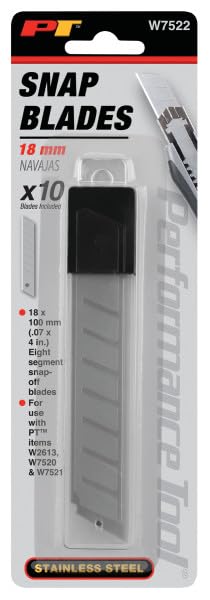 10pc Performance Tool W7522 Stainless Steel Snap Blade Replacement for Box Cutters and Floor Scrapers