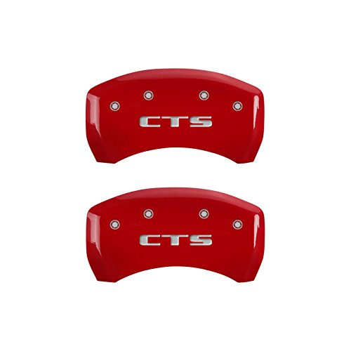 Caliper Covers MGP 35024SCTSRD (Red Powder Coat Finish, Engraved Front: Cursive/Cadillac - Engraved Rear: CTS, Silver Characters, Set of 4)