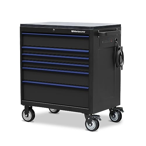 Tool Box Montezuma - Drawer Rolling Tool Cabinet With Multiple Power Outlets & Black Powder Coat Finish, 1 Count