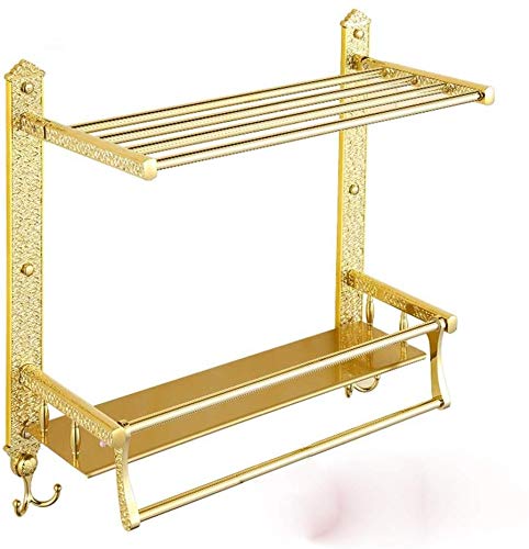 European Highgrade Gold BTBT Double Folding Shelf And Double Towel Bar Bathroom Rack Wallmounted Bathroom Shelf (Size : 50cm)