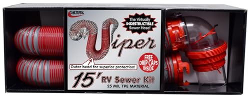 15-Foot Valterra Viper RV Sewer Hose Kit, Universal Sewer Hose for Camper RV, Includes Hose with Rotating Fittings, 90 Degree ClearView Sewer Adapter and 2 Drip Caps