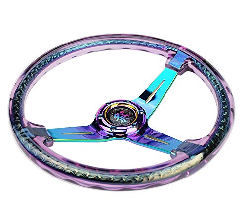 NRG Innovations Reinforced Steering Wheel NRG-RST-027MC-PP 350mm 2" Deep Dish Clear Acrylic Steering Wheel in Purple and NeoChrome Spoke Finish with Slits