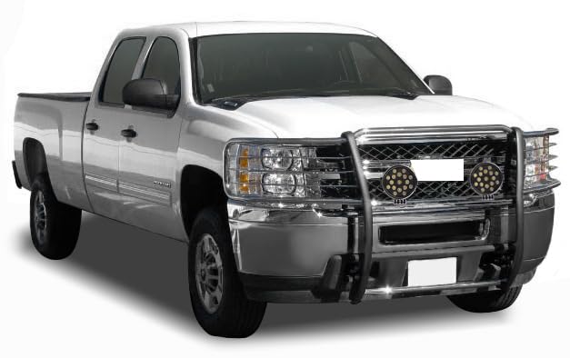 Bumper Guard Black Horse Grille brush Modular Stainless Steel Come With pair of 7.0"Dia.LED Lights with Black Trim Rings Compatible with 2014-2018 Chevrolet Silverado 1500-17GT27MSS-PLB