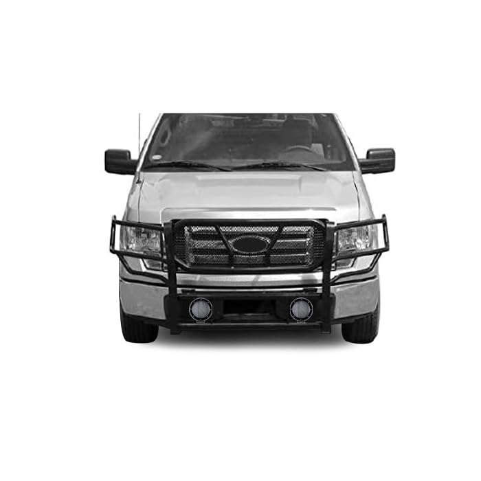 Heavy Duty Black Horse Rugged Grille Brush Bumper Guard Modular Black Come with Pair of 5.3" Dia.LED Lights with Black Trim Rings Compatible with 2009-2014 Ford F-150-RU-FOF109-B-PLFB