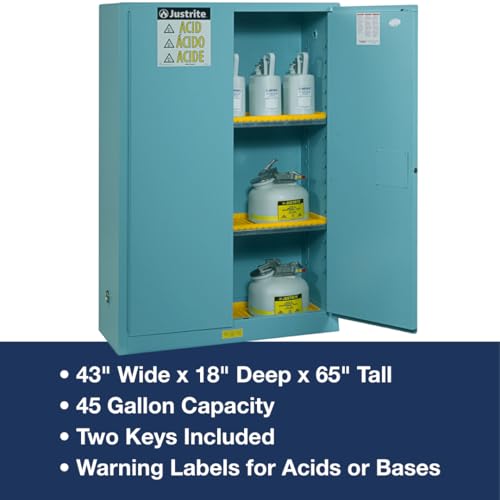 Justrite Storage Cabinet Acid Corrosive - 45 Gallon 2 Door Manual Close Chemical Cabinet with ChemCor® Coating - 18" x 65" x 43" - Made in The USA - Light Blue - 8945022