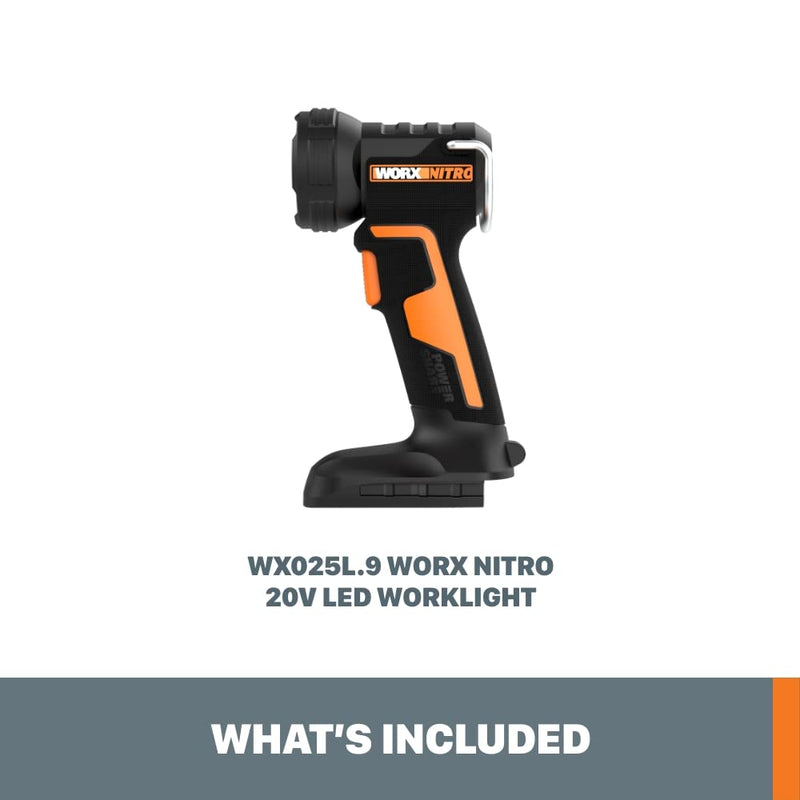 20V WORX Nitro LED Work Light PowerShare, 160/350 Lumens Portable Light, LED Flashlight with Flexible Pivoting Head WX025L.9 – Tool Only