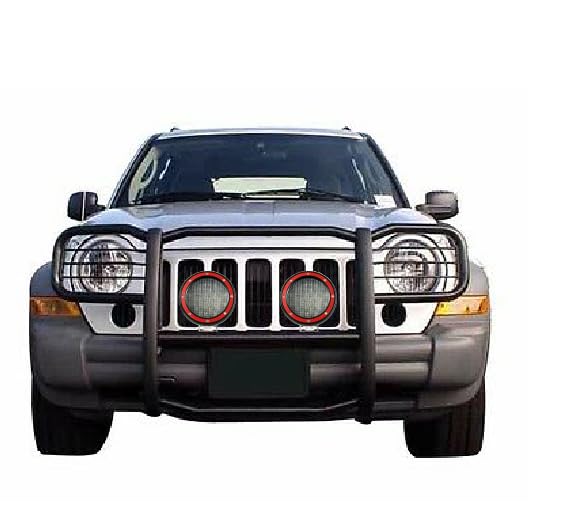 Bumper Guard Black Horse Grille Brush Modular Black Come with Pair of 5.3" Dia.LED Lights with Red Trim Rings Compatible with 2002-2007 Jeep Liberty-17EH26MA-PLFR