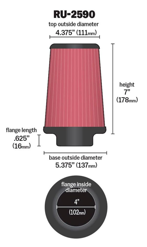 High-Flow K&N Original Lifetime Universal Clamp-On Air Filter: High Performance, Premium, Washable: Flange Diameter: 4 In, Filter Height: 7 In, Flange Length: 0.625 In, Shape: Round Tapered, RU-2590