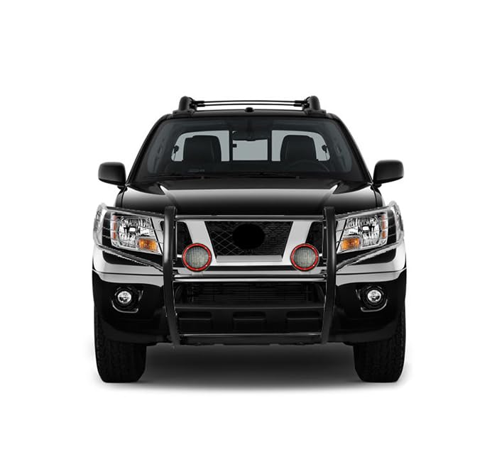Grille Brush Black Horse Bumper Guard Modular Stainless Steel Come with Pair of 5.3" Dia.LED Lights with Red Trim Rings Compatible with 2005-2021 Frontier|2005-2007 Pathfinder-17A110200MSS-PLFR