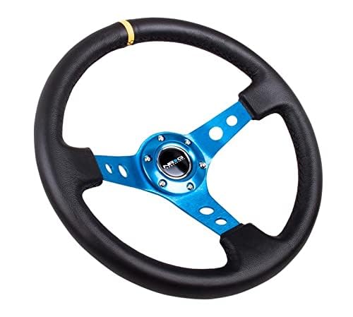 NRG Innovations Reinforced NRG-RST-006BL-Y Steering Wheel - 350mm 75mm Deep Racing Steering Wheels Blue Spoke with Round holes/Black Leather and Yellow Center Stripe