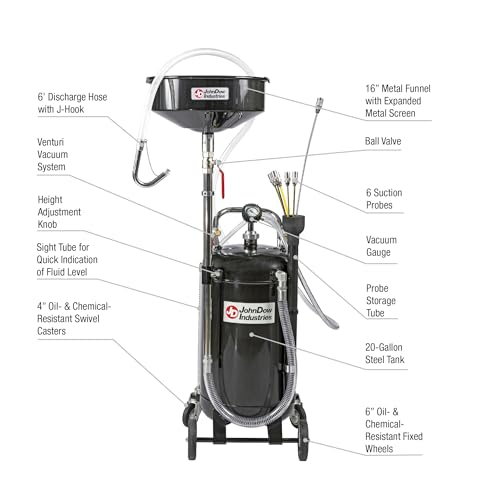 JDI-20COMBO JohnDow Industries Combination Fluid Evacuator and Used Oil Drain, Self-Evacuating, 6 Foot Nylon Reinforced Discharge Hose with J-Hook, 20 Gallon Capacity