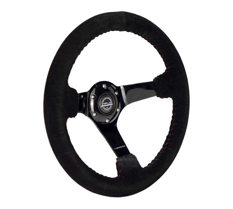 NRG Innovations Reinforced NRG-RST-036BK-S Steering Wheel 350mm Diameter Sport Steering Wheel (3' Deep) Black Suede With Red Baseball Stitching - BLACK Spoke