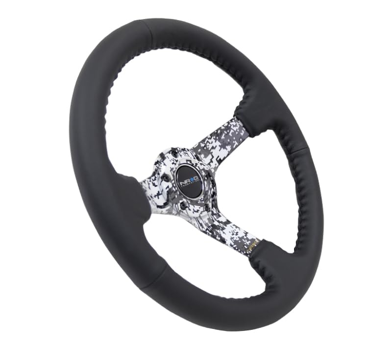 NRG Innovations Reinforced Steering Wheel NRG-RST-036DC-R, Hydro Dipped Digital Camo 3" Deep, 5mm Spoke, 350mm Sport Steering Wheel Black Leather With Black Baseball Stitching