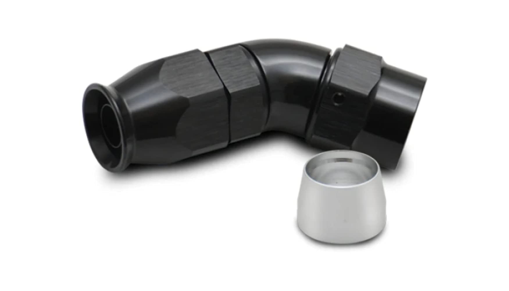 28410 Vibrant Power Fitting, Hose End, Full Flow, PTFE, 45 Degree, Reusable, 10AN Hose, 10AN Female Thread, Aluminum, Black Anodized, use with Vibrant 18000 series PTFE Lined Flex Hose, each