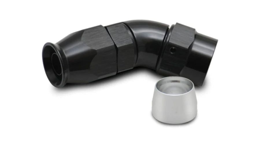 28410 Vibrant Power Fitting, Hose End, Full Flow, PTFE, 45 Degree, Reusable, 10AN Hose, 10AN Female Thread, Aluminum, Black Anodized, use with Vibrant 18000 series PTFE Lined Flex Hose, each