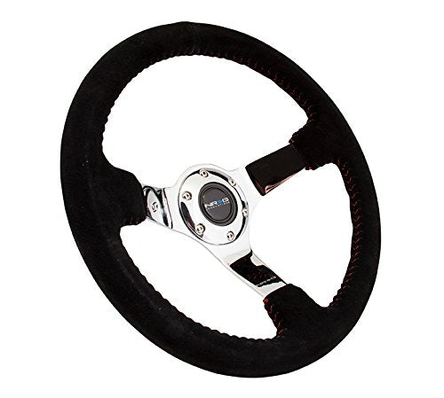 NRG Innovations Reinforced NRG-RST-036CH-S Steering Wheel - 350mm Sport Steering Wheel (3' Deep) Black Suede With Red Baseball Stitching - CHROME Spoke