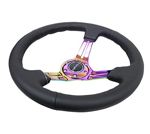 NRG Innovations Reinforced Steering Wheel NRG-RST-018R-MCBS 350mm 75mm Deep Sport Steering Wheel Leather (3" Deep) Black Stitch With Slits In Neochrome Double Riveted Spokes