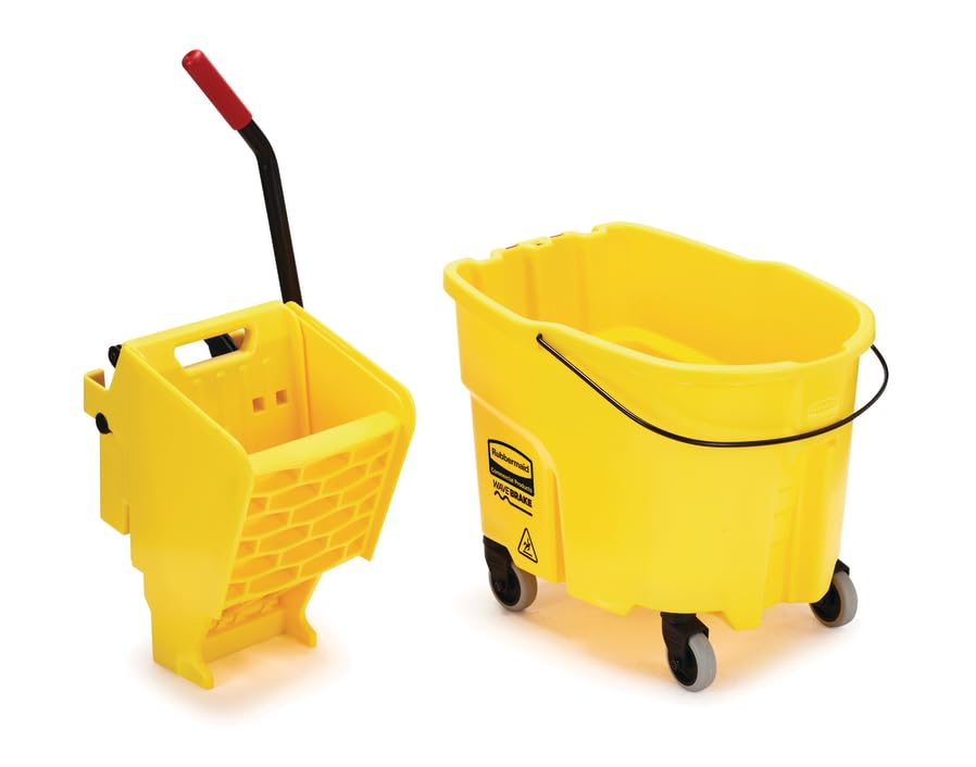 Rubbermaid Commercial Products 35 Qt. WaveBrake Side-Press Mop Bucket and Wringer Combo on Wheels Yellow for Professional/Industrial/Business Heavy-Duty Floor Cleaning/Mopping