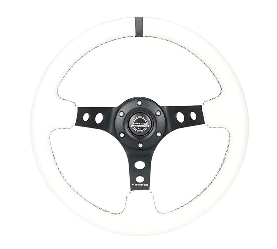 NRG Innovations Reinforced Steering Wheel NRG-RST-006BK-WT-B 350mm Sport Steering Wheel (3" Deep), Black Spoke with Round holes, White Leather, White Stripes
