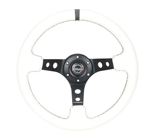 NRG Innovations Reinforced Steering Wheel NRG-RST-006BK-WT-B 350mm Sport Steering Wheel (3" Deep), Black Spoke with Round holes, White Leather, White Stripes