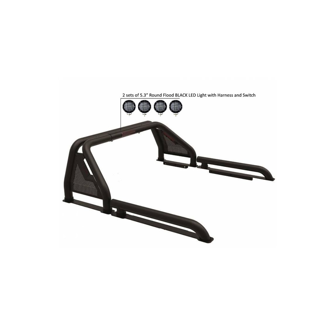 Gladiator Roll Bar Black Incl. Set of 5.3" Dia.Led Lights w/Black Trim Rings Modular Black Compatible with 2019-2022 Ford Ranger-GLRB-07B-PLFB