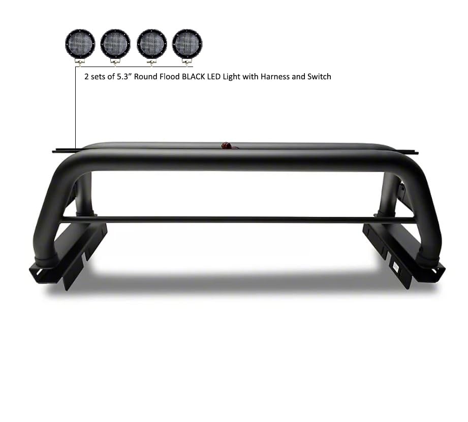 CLASSIC Black Horse Roll Bar Incl. Set of 5.3"Dia.LED Lights w/Black Trim Rings Compatible with 2020-2024 Jeep Gladiator-RB09BK-PLFB