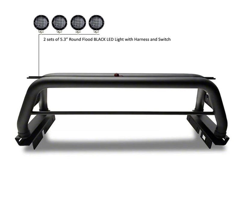 CLASSIC Black Horse Roll Bar Incl. Set of 5.3"Dia.LED Lights w/Black Trim Rings Compatible with 2020-2024 Jeep Gladiator-RB09BK-PLFB