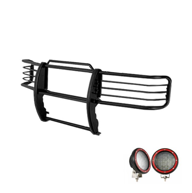 Bumper Guard Black Horse Grille Brush Modular Black Come with Pair of 5.3" Dia.LED Lights with Red Trim Rings Compatible with 1999-2002 Ford Expedition|1999-2004 Ford F-150-17FP26MA-PLFR
