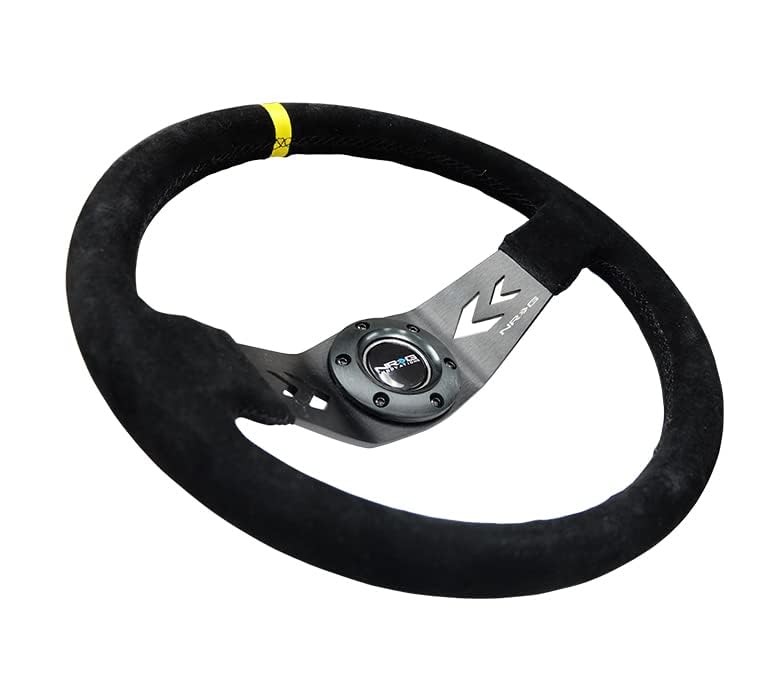 NRG Innovations Reinforced NRG-RST-022S-Y Steering Wheel Arrow Cut Out Two Spoke 350mm Sport Stereing Wheel Suede (3" Deep) Black Suede, Yellow Center Marking