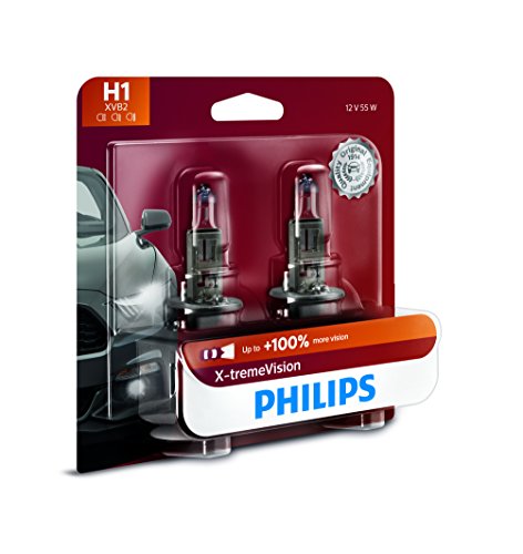 Philips H1 Automotive Lighting X-tremeVision Upgrade Headlight Bulb with up to 100% More Vision, 2 Pack (12258XVB2)