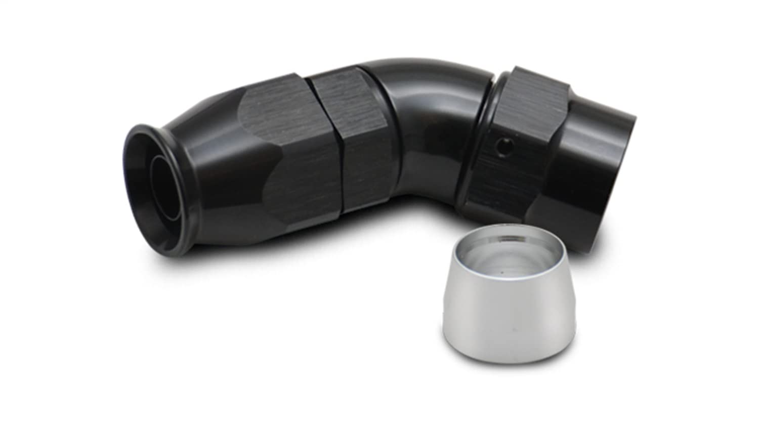 28404 Vibrant Power Fitting, Hose End, Full Flow, PTFE, 45 Degree, Reusable, 4AN Hose, 4AN Female Thread, Aluminum, Black Anodized, use with Vibrant 18000 series PTFE Lined Flex Hose, each