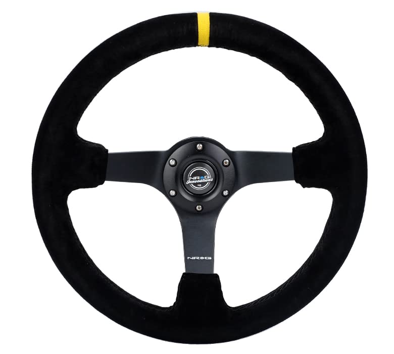 NRG Innovations Reinforced NRG-RST-036MB-S-Y Steering Wheel - 3" Deep, 5mm Matte Black Spoke, 350mm Sport Steering Wheel Black Suede With Black Criss Cross Stitching And Yellow Center Mark