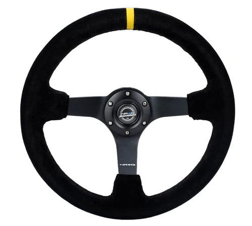 NRG Innovations Reinforced NRG-RST-036MB-S-Y Steering Wheel - 3" Deep, 5mm Matte Black Spoke, 350mm Sport Steering Wheel Black Suede With Black Criss Cross Stitching And Yellow Center Mark